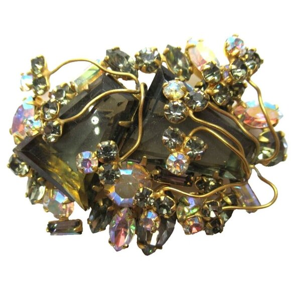 ALICE CAVINESS Smokey Gray Tapered Baguette Golden Wire Work Vintage Pin Brooch - Picture 1 of 4